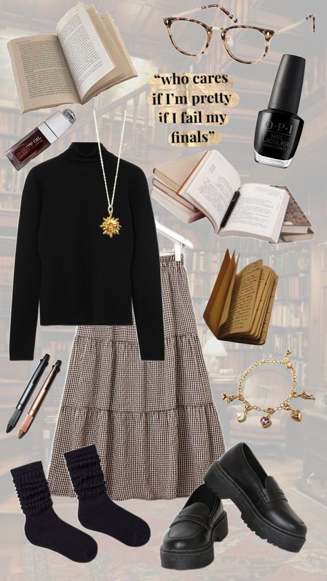 #academia #darkacademia #bookish #reading #readingaesthetic #outfit #fashion #fallaesthetic #falloutfits #studyaesthetic #gingham Preppy Outfits Academia, Preppy Witchy Outfits, Casual Librarian Outfit, Ravenclaw Dark Academia Outfit, Dark Academia Cardigan Outfit, Bookish Aesthetic Outfit, Historian Aesthetic Outfit, Infj Outfits, Soft Academia Aesthetic Outfits