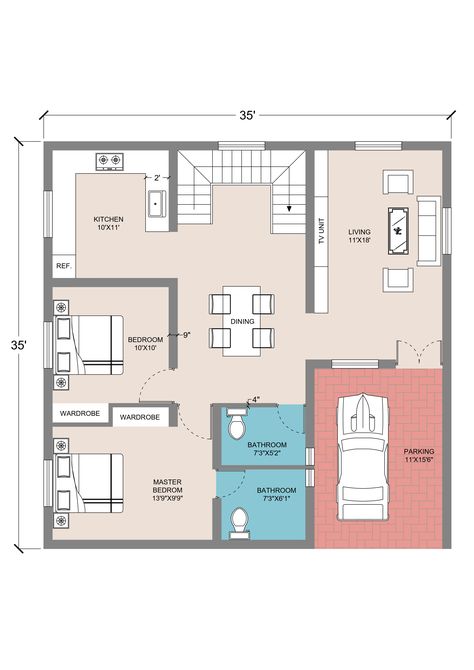 2 BHK PLAN size 35'X35' well furnished and dimensioned. 2 bedroom with attached toilet , living hall , dining area , kitchen , parking , 2 toilets Contact for want such type of plans 9887086162 Dining Area Kitchen, 2bhk House Plan, Living Hall, House Layout Plans, House Layout, Dining Hall, House Layouts, Toilets, 2 Bedroom