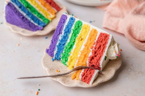 Rainbow Layer Cake Recipe Rainbow Layer Cake, Vanilla Sheet Cakes, Rainbow Layer Cakes, Purple Cakes, Layer Cake Recipes, 6 Cake, Red Cake, Sheet Cakes, Batter Bowl