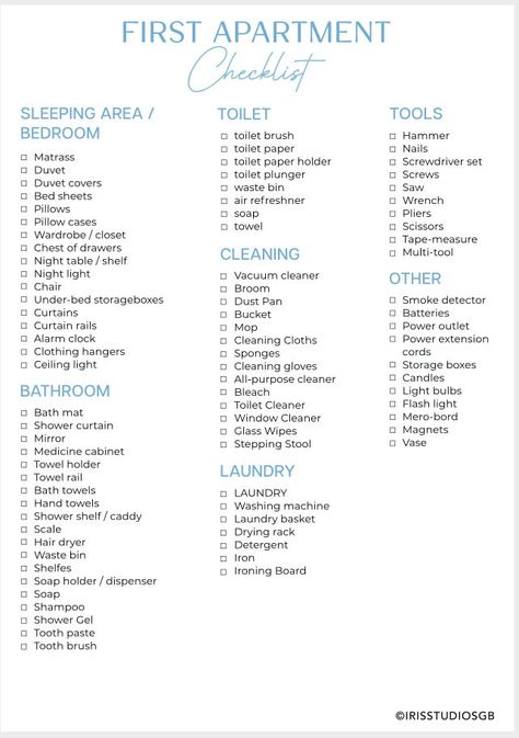 Bathroom List For New Home, First Appartement Must Have, New Apartment Checklist Budget, First Time Home Owner Essentials, Apartment Lists, Apartment List Moving Checklist, First House Checklist, Home Essentials Checklist, New House Checklist