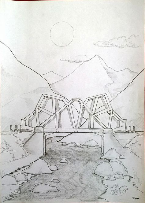 Bridge Over River Drawing, River Drawing, Beam Bridge, Bridge Drawing, Iron Bridge, Under Bridge, Nature Art Drawings, Under The Bridge, Draw Ideas