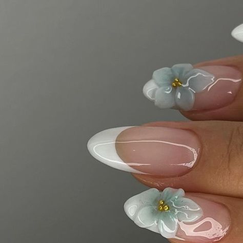 jasmine | bay area nail tech ☆ on Instagram: "flower frenchies 💐 @amys.clients recreations   ——  Service: Structure Mani + Tier 2   ——  @izemikorea Neo Base& Resin 99.9  @makartt_official 3D Gel   ——  #nailsnailsnails #nails #naildesign #cutenails #nailart #flowers #3dflower #frenchtipnails #simplenails #simplenailart #gel #gelnails #structuregel #naturalnails #sunnyvale #bayarea #bayareanailtech #fyp" 3d Jelly Flower Nails, Nails Inspiration 3d Flowers, Builder Gel Flower Nails, Clear 3d Nail Art, 3d Flower Nails Simple, Flower Inspired Nails, Simple 3d Nails, 3d Gel Flower Nails, Jelly Flower Nails