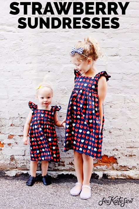 Strawberry Girls Summer Dresses | An easy and summery dress with a strawberry fabric that is one of my favorites! This Easy Summer Dress Pattern has quickly become my go-to easy dress pattern for sundresses made of favorite fabrics! || See Kate Sew #sewingpatterns #girlsfashion #sewing #seekatesew Easy Summer Dress Pattern, Easy Girls Dress, Floor Printable, Girls Dress Pattern Free, Summer Dress Pattern, Summer Dresses Diy, Strawberry Fabric, Kids Clothes Diy, Kids Summer Dresses