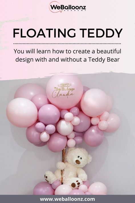 I don’t need to tell you how important it is to to stay relevant in the balloon business. This means keeping your finger on the pulse and constantly being prepared to learn something new. The “Floating Teddy” has been, for the last couple of years, a very trendy design. It was originally very popular for Baby Showers or Welcome Baby and lately, it’s been used for birthdays! #balloons #balloongarland #balloonbusiness #balloonarch #balloondecor #customballoons #party #teddy Floating Teddy Bear Balloon Diy, Floating Teddy Bear Balloon, Teddy Bear Balloon, Balloon For Birthday, Peppa Party, Balloon Helium, Garland Balloon, Balloon Business, Bear Balloon