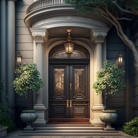 Classic Doors Entrance, Neo Classic Entrance, Front Entrance Design, Front Entrance Ideas, Flowers Front Door, Entrance Design Ideas, Capsule Style, Classic Facade, Courtyard Landscaping