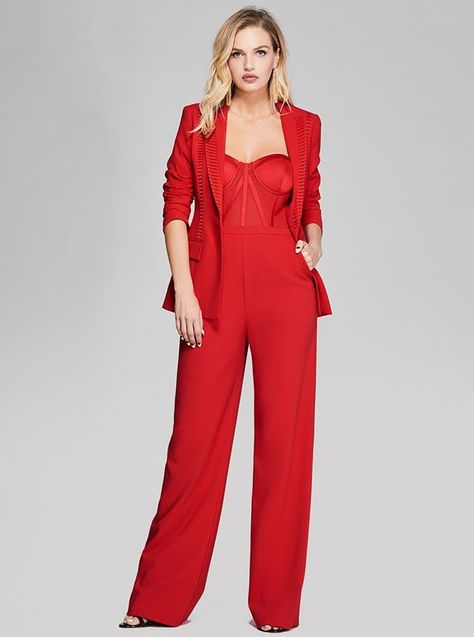 Devona Strapless Jumpsuit | GUESS.com Strapless Jumpsuit Outfit, Business Formal Women, Nightout Outfit, Interview Attire, Casual Attire For Women, Business Attire Women, Capsule Wardrobe Work, Leather Pants Women, Jumpsuit Outfit