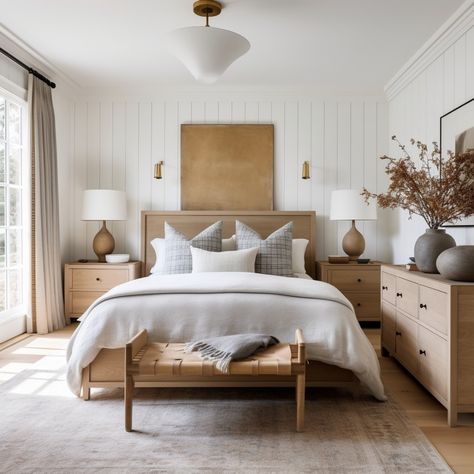 Wind The Key (@windthekey) • Instagram photos and videos Dark Gray Farmhouse, Natural Wood Bedroom Furniture, Modern Farmhouse Guest Bedroom, Wood Panel Bedroom, Oak Nightstands, Coastal Guest Bedroom, Dark Wood Bedroom Furniture, Light Wood Dresser, Dark Wood Bedroom