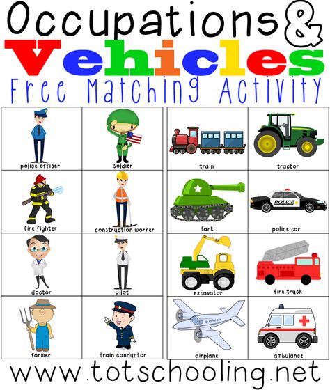 Match eight different occupations to the vehicle used in each occupation with this FREE matching activity. Great for Father's Day or for a community helpers Community Helpers Unit, Transportation Unit, Transportation Activities, Community Helpers Theme, Community Helpers Preschool, Community Workers, Transportation Preschool, Father's Day Activities, Transportation Theme