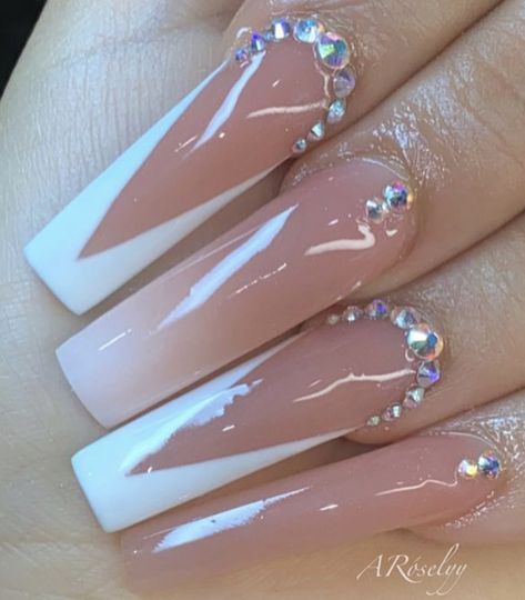 White Nails With Designs Diamonds, Mails With Diamond, Cute Nails Acrylic With Diamonds, Pink And White Ombre Nails With Diamonds, Xv Nails White, White Nails With Pearls And Diamonds, White Tip Nails With Diamonds, White Nails Acrylic With Diamonds, White And Diamond Nails