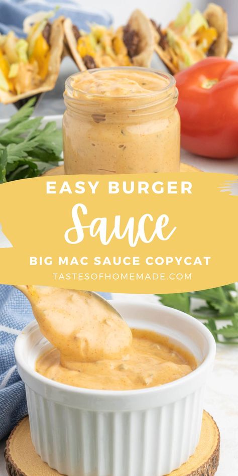 This easy burger sauce is a delicious burger spread that is a bit tangy, slightly sweet and full of flavour. It combines the most common burger condiments into one tasty sauce. Mayonnaise forms the base, which is blended with relish, ketchup, mustard and seasonings. It is perfect for dressing a grilled hamburger but works as a sandwich spread, or you can use it as a dip for your french fries or favourite appetizer. Preparing takes minutes, and a jar will keep for two weeks. Big Mac Sauce With Ketchup, Condiments For Burgers, Burgerville Spread Recipe, Favourite Appetizer, Easy Burger Sauce, Burger Condiments, Big Mac Sauce Recipe Copycat, Burger Sauces, Veggie Dips