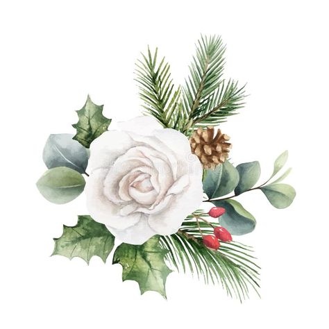 Watercolor Christmas Cards Diy, Floral Postcard, Bouquet Watercolor, Xmas Sticker, Watercolor Vector, Art Mediums, Arte Folk, Christmas Bouquet, Painted Illustration