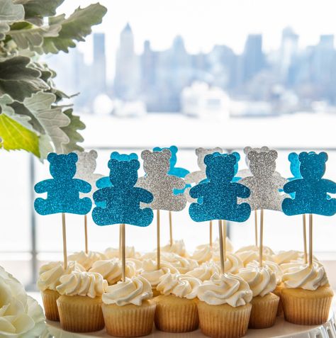 A Teddy Bear Themed Baby Shower Baby Shower Cupcakes Neutral, Teddy Bear Baby Shower Theme, Boy Baby Shower Centerpieces, Baby Shower Host, Bear Baby Shower Theme, Baby Shower Decorations For Boys, Teddy Bear Baby Shower, Boy Baby Shower Themes, Shower Cupcakes