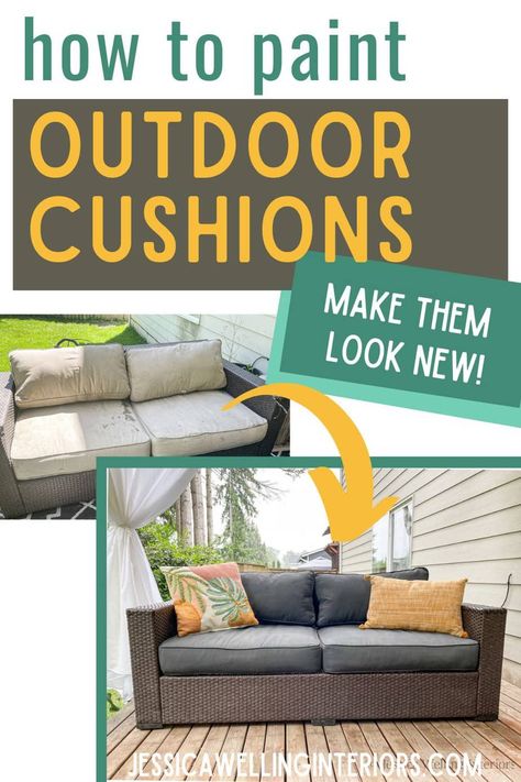 Give your patio furniture cushions a refresh with outdoor fabric paint! It's an easy and inexpensive DIY. Painting Outdoor Cushions, Outdoor Fabric Paint, Wicker Furniture Cushions, Patio Art, Upholstery Repair, Painted Patio, Outdoor Living Rooms, Couch Fabric, Outdoor Wicker Furniture