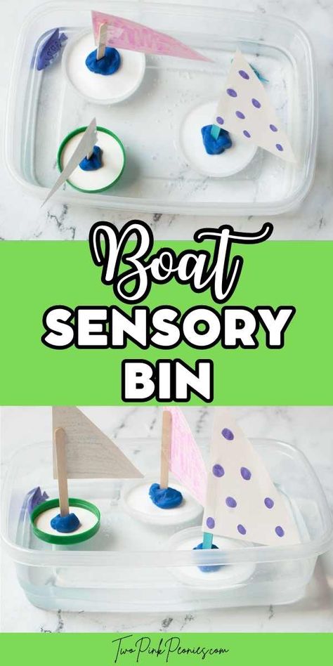 Text that says Boat Sensory Bin above and below are images of a boat craft floating in a bin of water. Boat Fine Motor Activities, Easy Water Sensory Bin, Boat Sensory Bin, Water Sensory Bin, Origami Boats, Sensory Bin For Toddlers, Summer Sensory, Picnic Activities, Boat Crafts