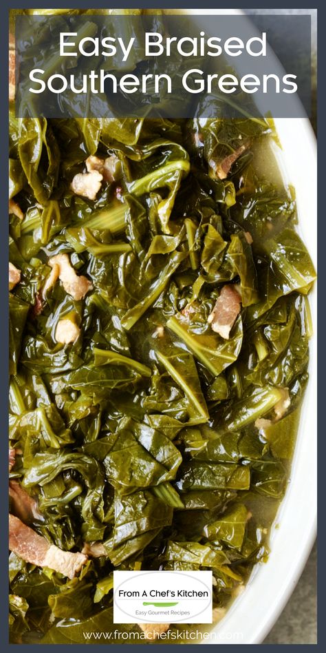 Easy Braised Southern Greens with bacon in white oval serving dish. Southern Greens Recipe, Slow Cooker Collard Greens, Crockpot Collard Greens, Best Collard Greens Recipe, Greens Recipe Soul Food, Southern Collard Greens, Ham Hocks, Southern Greens, Collard Greens Recipe