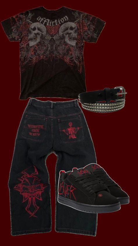 baggy outfit, jnco, affliction, y2k, emo boy grunde skater Y2k Outfits Skater, Edgar Style Outfits, Y2k Punk Outfits, Emo Skater Boys, Grunge Streetwear Outfits, Alt Y2k Outfits, Jnco Jeans Outfit, Y2k Boy Outfits, Red Grunge Outfit