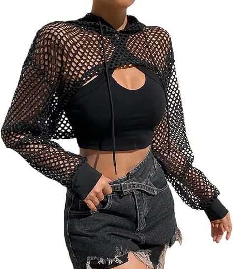 #Commissionsearned - PENINSULA LOVE Women Mesh Fishnet Long Sleeve Pullover Hollow Out Crop Top Hooded See Through Shirt Punk Hip Hop Dance Sexy Rave Clothes Long Sleeve Shirt Y2k, Full Sleeve Crop Top, Fishnet Crop Tops, Hooded Crop Top, Crop Top Long Sleeve, Fishnet Top, Crop Top Long, Y2k Aesthetic Outfits, Y2k Streetwear