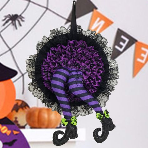 PRICES MAY VARY. Add some magic and fun to your Halloween decor with this Halloween wreath, featuring a black lace witch skirt and legs in vibrant colors. This wreath is made of high-quality materials, such as fabric, plastic, and metal, that are durable and easy to shape. The witch legs are bendable and can be adjusted to create different poses. This wreath is suitable for indoor and outdoor use, and can be hung on your door, wall, window, fireplace, or any other place you want to decorate. It Porta Halloween, Halloween Witch Legs, Halloween Decorations Wreaths, Fall Party Favors, Front Door Hanging, Halloween Girlande, Halloween Front Door Decorations, Spider Wreath, Door Hanging Decorations