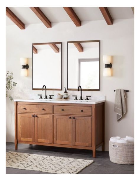 Rejuvenation Bathroom, Restoration Hardware Bathroom, Wood Double Vanity, Dresser Bathroom Vanity, Dresser Bathroom, Brushed Nickel Bathroom, Stair Hardware, Kitchen Counter Stools, Calacatta Marble