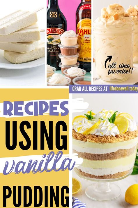 recipes using vanilla pudding Recipes Using Vanilla Pudding, Vanilla Pudding Desserts, Vanilla Pudding Recipe, Vanilla Pudding Recipes, Homemade Vanilla Pudding, Pudding Desserts, Vanilla Wafers, Homemade Vanilla, Pudding Recipe