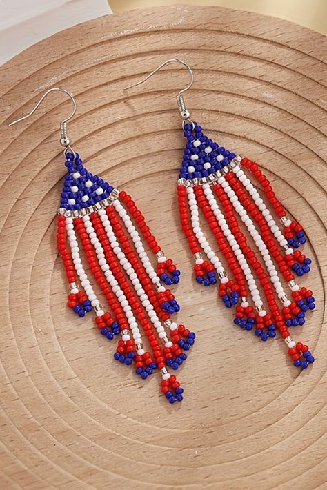 $2.83 Fiery Red American Flag Beaded Fringed Hook Earrings Wholesale Flag Beads, Patriotic Flowers, Flag Earrings, Pride Jewellery, Red Fringe, Heart Shaped Earrings, Star Spangled, Fiery Red, Red Earrings