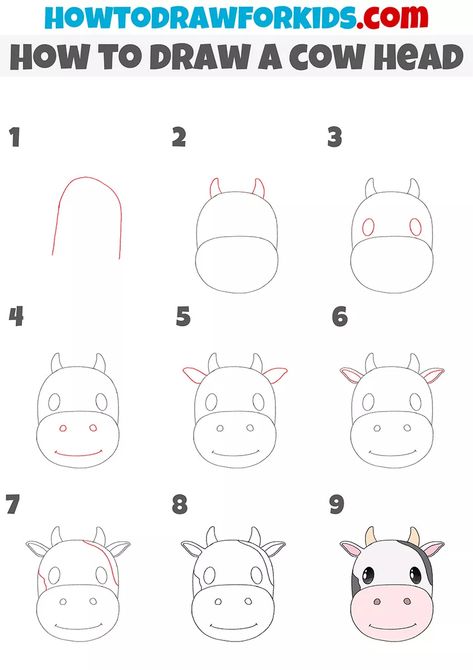 How to Draw a Cow Head - Easy Drawing Tutorial For Kids Cow Face Drawing Easy, How To Draw A Cow Face, Cow Drawing Easy Step By Step, Cow Face Drawing, How To Draw A Cow, Cow Head Drawing, Cow Drawing Easy, Cow Diy, Draw A Cow