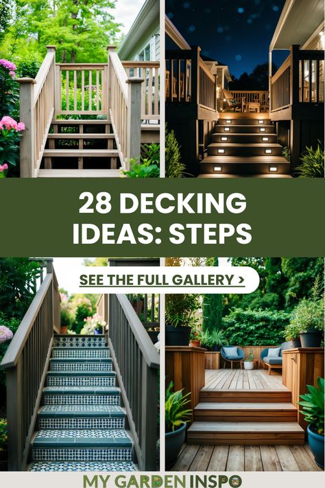 An engaging collection showcasing 28 amazing decking ideas with unique steps, including pictures of farmhouse-style lattice steps, LED-lit night scenes, patterned tile steps, and integrated seating. Perfect for anyone looking to enhance their outdoor area. Platform Steps Deck Stairs, Long Deck Ideas, Steps For Porch, Deck Steps With Landing, Low Deck Ideas Ground Level, Wooden Steps Outdoor, Front Porch Deck Ideas, Deck Stairs Ideas, Simple Deck Designs