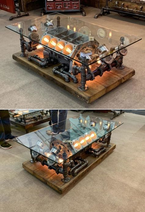 Car Parts Furniture Ideas, Steampunk Coffee Machine, Steampunk Man Cave, Car Garage Ideas Man Caves, Car House Decor, Mens Furniture, Steampunk Room Ideas, Man Cave Coffee Table, Steampunk Coffee Table