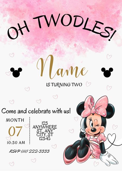 Create a truly unique and memorable event invitation with our personalized digital invitation template on Canva! Edit our Watercolour Minnie Mouse invitation and be ready to celebrate! Minnie Mouse Invitation Card, Minnie Mouse Invitations 2nd Birthday, Minnie Mouse Invitations 1st Birthday, Minnie 2nd Birthday Party, Oh Twodles Invitations, Minnie Mouse Birthday Party Ideas 2nd, Minnie Mouse Invitation Template, Birthday Ideas For Kids, Minnie Mouse Invitation