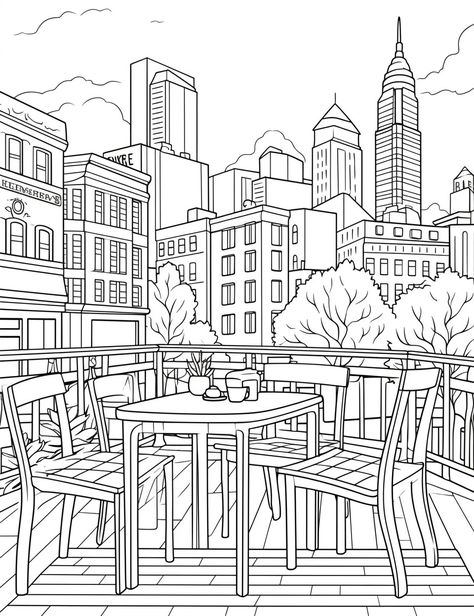 Fantastic Cities Coloring Pages – Bujo Art Shop Romantic Coloring Pages For Adults, Nyc Coloring Pages, Colouring Pages For Adults Printable Free, Girly Coloring Pages, City Coloring Pages, Fantastic Cities Coloring Book, Activity Therapy, Cute Coloring Page, Town Drawing