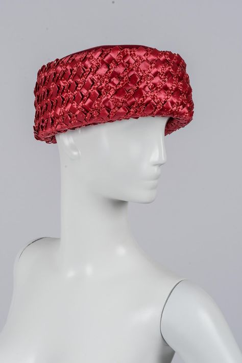 Pillbox inspired hat with wide turned-up brim of dark red straw and red fabric crown. Headband of red grosgrain ribbon; lined in red fabric.  Retailer label: Neiman-Marcus Fabric Crown, Oklahoma History, Texas Fashion, University Of North Texas, Historical Newspaper, Crown Headband, Pill Boxes, Red Fabric, Historical Fashion