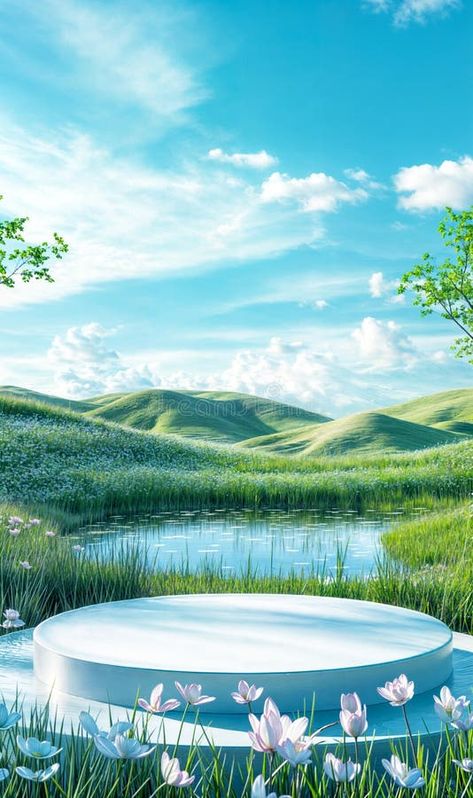 Serene Valley - Circular Platform Amidst Spring Blossoms, AI generative stock images Posters Landscape, Ad Background, World Background, Promotion Background, Advertisement Layout, Ms Dhoni Wallpapers, Desain Buklet, Scene Background, Background Images For Quotes