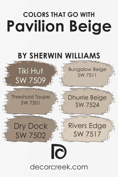 Colors that Go With Pavilion Beige SW 7512 by Sherwin Williams Dhurrie Beige, Bungalow Beige, Beige Paint Colors, Grey Wall Color, Stained Trim, Taupe Paint, Beige Paint, Exterior House Color, Tiki Hut