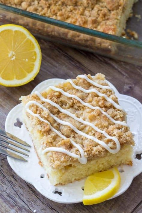 Moist lemon cake with crunchy crumble topping and sweet lemon cream cheese glaze. This lemon coffee cake is bursting with bright lemon and perfect for brunch. #lemon #coffeecake #crumbcake #cake #brunch #recipes Lemon Coffee Cake Recipes, Cake With Lemon Pie Filling, Lemon Coffee Cake, Lemon Crumb Cake, Ginger Coffee, Morning Treats, Cake Recipes Easy, Lemon Coffee, Mr Food