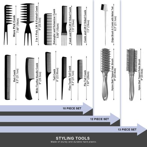 AC053 - 10-Hair Combs by Wig Aisle - WIG AISLE ACCESSORY BUNDLE: contains useful tools for styling your hair and wigs. 10-piece comb set (optional add-on accessories available to choose)..ADDITIONAL INFORMATION:Type: Accessory BundleLength: VariesStyle: AccessorySize: Useful for many hair lengths and texturesAccessory BundleVersatile assorment of combs and brushes for styling both human and synthetic hair.COLOR INFORMATION: Select a desired COLOR and SIZE above before placing your item in the ca Types Of Combs And Their Uses, Hair Tools Aesthetic, Types Of Combs, Types Of Hair Accessories, Hair Diagram, Curly Hair Tools, Combs And Brushes, Crimping Iron, Styling Your Hair