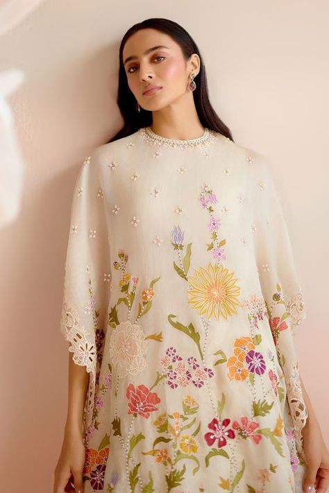 Buy Ivory Silk Organza Embroidery Floral Round Cutwork Kaftan For Women by Chandrima Online at Aza Fashions. Organza Kaftan, Kaftan Women, Kaftan Pattern, Kaftan For Women, Embroidered Kaftan, Organza Embroidery, Kaftan Designs, Applique Work, Border Embroidery