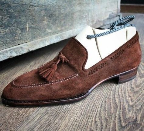 New Handmade Brown Suede Tassel Loafers Dress Formal Shoes on Storenvy Brown Loafer Shoes, Alligator Dress Shoes, Loafer Shoes For Men, Quality Leather Boots, White Leather Shoes, Custom Design Shoes, Bespoke Shoes, Suede Leather Shoes, Handmade Leather Shoes