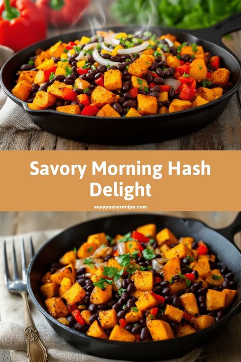 A skillet filled with sweet potato and black bean hash, garnished with onions and bell peppers. Sweet Potato Black Bean Breakfast, Breakfast With Sweet Potatoes, Breakfast Bowls With Potatoes, Eggs And Black Beans Breakfast, Hash Brown Bowl Meal Prep, Beans Breakfast, Black Bean Breakfast, Sweet Potato Breakfast Bowl, Bean Breakfast