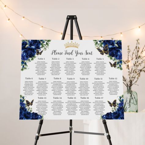 Blue Butterfly Quinceanera Decorations, Butterfly Quince Theme Blue, Sweet 16 Seating Chart Ideas, Blue Butterfly Quinceanera Theme Centerpieces, Blue Butterfly Sweet 16 Decorations, Royal Blue Sweet 16 Decorations, Royal Blue And Gold Quinceanera, Landscape Seating, Royal Blue Chair