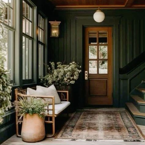 Homes With Pops Of Color, Modern Moody Victorian Home, Moody Hamptons Style, Moody Southern Interior, Southern House Interior Design, Small Moody Entryway, Earthy Moody Home, Dark And Moody Entryway, Moody Cottage Dining Room