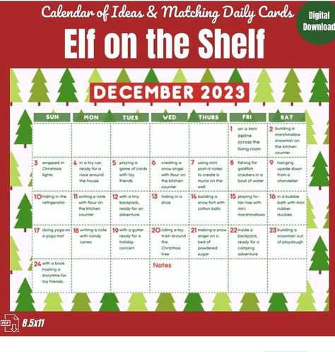 Elf Calendar, Elf On The Shelf Calendar, Christmas Elf On The Shelf, Notes Printable, Days Until Christmas, Snow Angels, Elf On The Shelf Ideas, Matching Cards, 12 Days Of Christmas