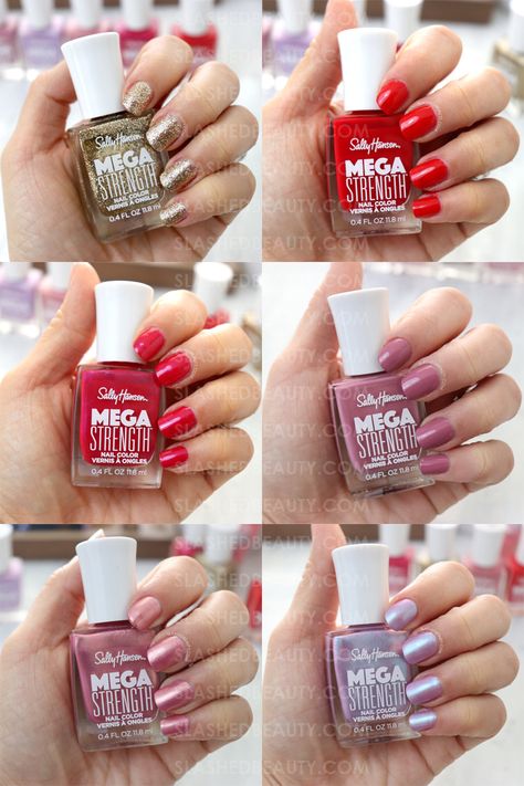 NAIL SWATCHES: Sally Hansen Mega Strength Nail Color Review Sally Hansen Color Therapy Swatches, Sally Hansen Diamond Strength, Sally Hansen Pure Nail Polish, Sally Hansen Pink Nail Polish, Sally Hansen Xtreme Wear Nail Polish, Dark Pink Nails, Natural Nail Care, Sally Hansen Nails, Budget Beauty