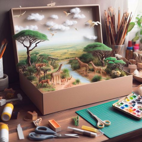 How To Make Diorama, Forest Diorama Shoebox School Projects, Panda Habitat Project For Kids, Forest Model School Project, Habitat Diorama Ideas For Kids, Savanna Diorama, School Diorama, Diaroma Ideas, Dioramas Ideas