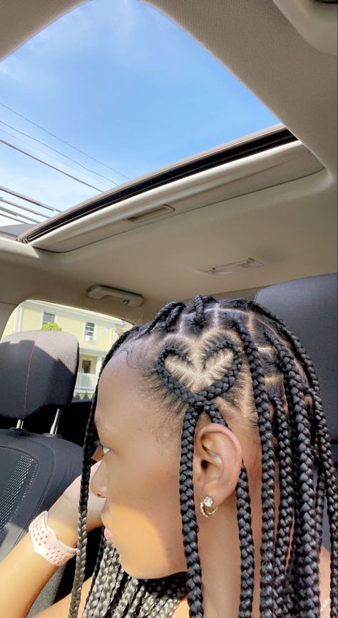 Side Heart Knotless Braids, Braids With Love Heart, Small Knotless With Heart On The Side, Love Heart Braids, Large Knotless Box Braids With Heart, Heart Part Knotless Braids, Knotless Braids With Heart, Thick Box Braids, Natural Cornrow Hairstyles