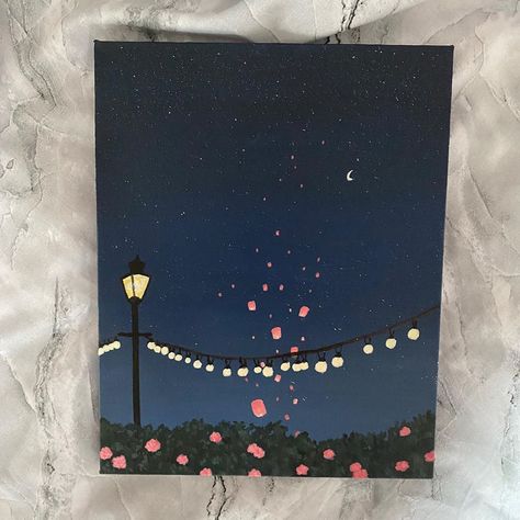 Fairy Light Painting, How To Paint Night Sky Acrylic, Fairy Lights Painting, Painting Ideas Night Sky, Fairy Lights Drawing, Simple Sky Painting, Night Sky Painting Ideas, The Night Sky Painting, Canvas Art Painting Abstract