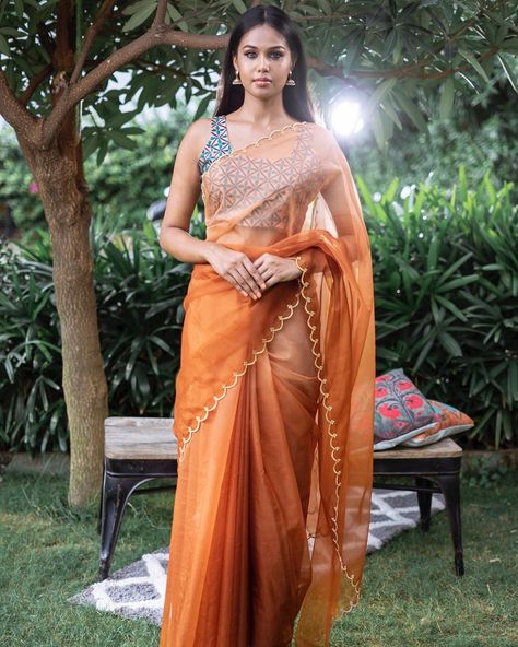 CYNOSURE (@incynosure) posted on Instagram: “Riad - Look 5 - Hues of Marrakech Saree - Organza saree in Sandstone ombre with a scalloped border paired with an embroidered blouse in…” • Oct 11, 2020 at 6:17pm UTC Ombre Organza Saree, Scalloped Saree, Ombre Saree, Saree Organza, Scalloped Border, Arabian Beauty, Arabian Beauty Women, Organza Saree, Oct 11