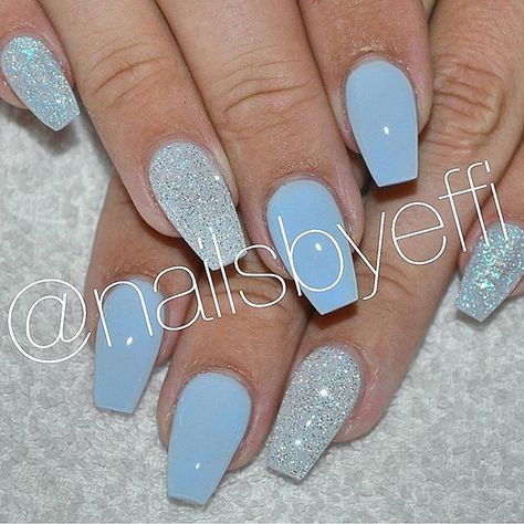 Blue with Diamond @nailsbyeffi #gelenaglar #gelnails #glitter #diamond #blue #naglar #göteborg Blue And Silver Nails, Silver Nail Designs, Blue Glitter Nails, Unghie Sfumate, Glitter Nails Acrylic, Light Blue Nails, Baby Blue Nails, Blue Acrylic Nails, Blue Nail Designs