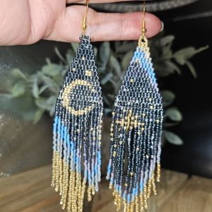 Crescent Moon Beaded Earrings, Moon Fringe Earrings, Artsy Blue Beaded Earrings, Blue Bohemian Beaded Fringe Earrings, Luna Moth Beaded Earrings, Beaded Dragonfly, Tree Of Life Earrings, Aquamarine Colour, Abstract Earrings