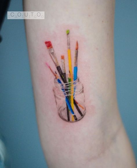 Art Tools Tattoo, Art Teacher Tattoo, Paint Pallet Tattoo, Artist Tattoo Ideas Paintbrush, Art Gallery Tattoo, Paint Brush Tattoo, Paintbrush Tattoo, Teacher Tattoos, Pencil Tattoo