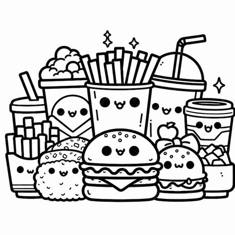 A black and white drawing of a variety of food including a drink and a drink | Premium AI-generated vector Food And Drink Drawing, Drink Drawing, Draw Food, Coloring Paper, Halloween Coloring Sheets, Food Coloring Pages, Doodle Books, Black And White Sketches